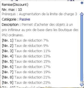 fenêtre de compétence Remise (Discount), niveau max 10