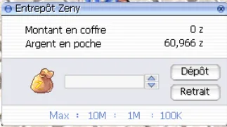 fenêtre de la banque (Zeny Storage)