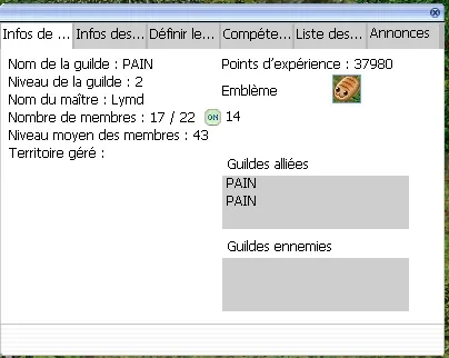fenêtre d'informations de guilde : nom, niveau, maître, membres, guildes alliées et ennemies