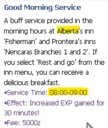 détail du Good Morning Service, auberges d'Alberta et Prontera, 08:00-09:00