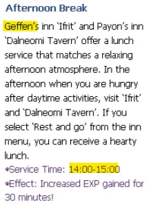 détail de l'Afternoon Break, auberges de Geffen et Payon, 14:00-15:00