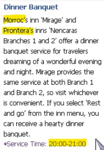 détail du Dinner Banquet, auberges de Morroc et Prontera, 20:00-21:00