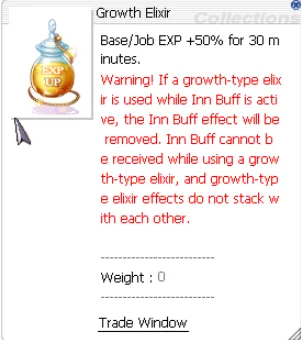 tooltip du Growth Elixir, Base/Job EXP +50% pendant 30 minutes