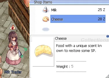 échoppe du vendeur de fromage à Prontera avec la description de l'objet Cheese
