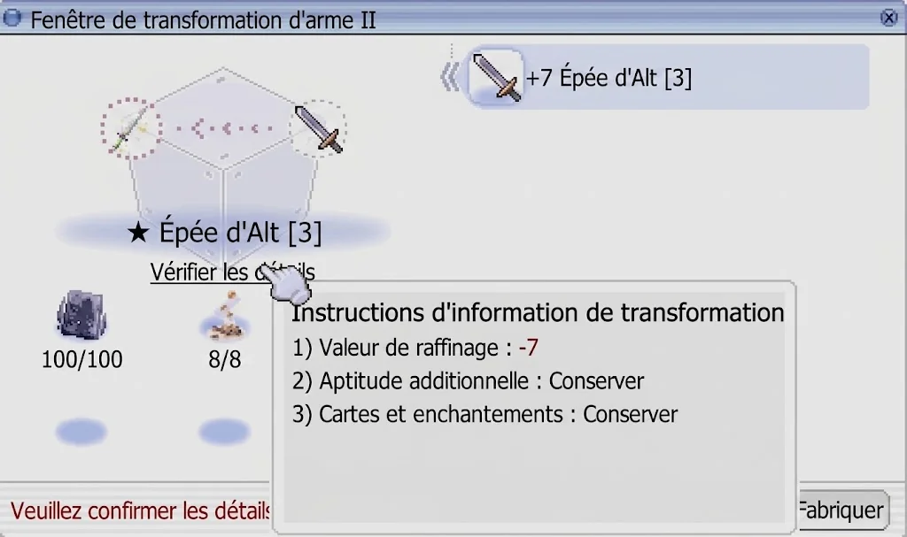 exemple d'activation d'une arme +7 vers version étoile, 2e palier