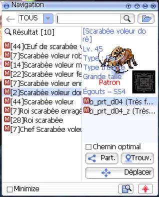 fenêtre Navigation avec recherche d'un monstre