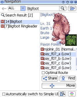 fenêtre Navigation avec recherche d'un monstre