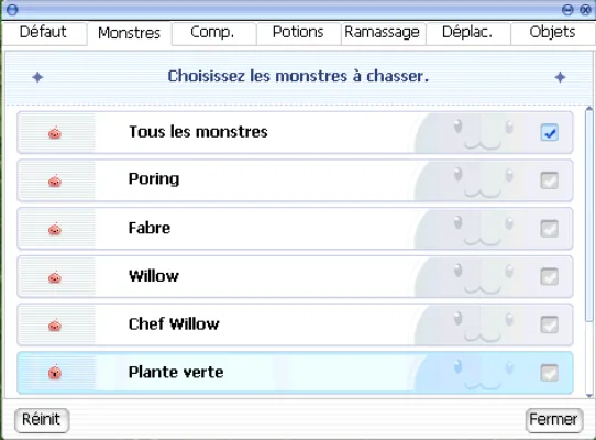 onglet Monster listant les monstres à chasser