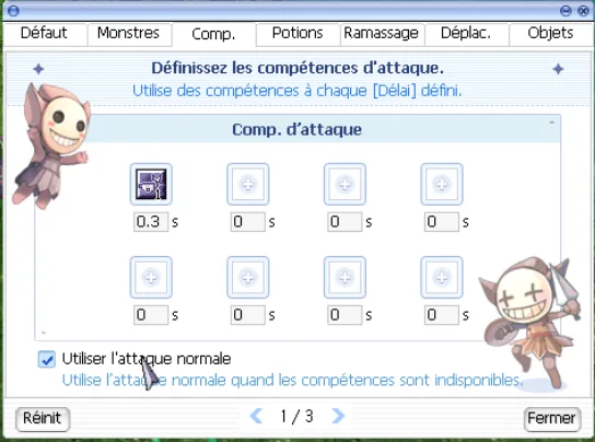 onglet Skill pour les compétences d'attaque automatiques