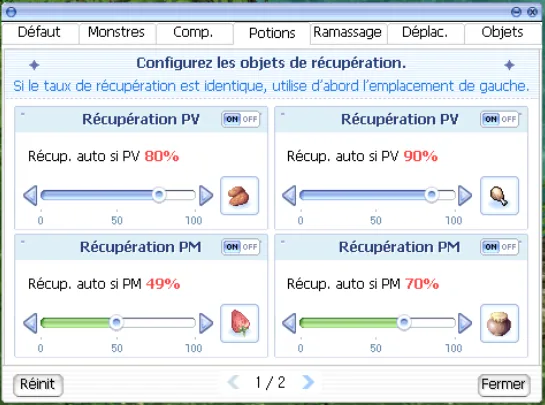 onglet Potion pour la récupération automatique de PV/PM
