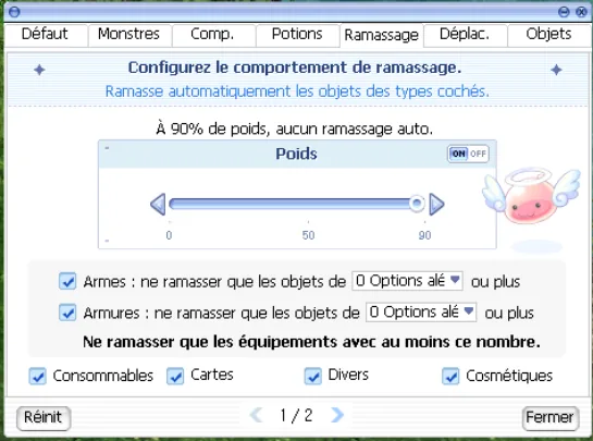 onglet Looting pour le ramassage automatique des objets