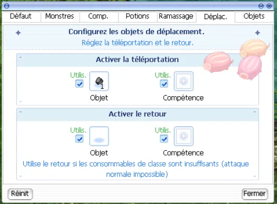 onglet Move pour la téléportation et le retour automatiques
