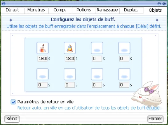 onglet Item pour les objets de buff automatiques