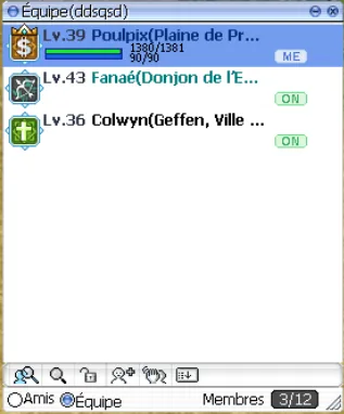 fenêtre d'équipe (touche P) avec les membres du groupe
