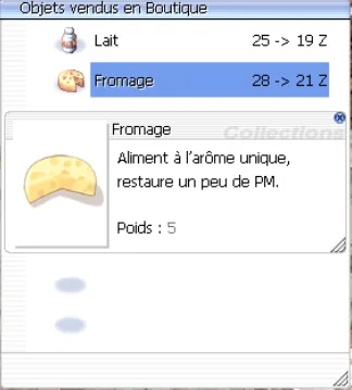 échoppe du vendeur de fromage à Prontera avec la description de l'objet Cheese