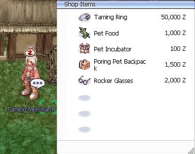 boutique du Taming Merchant avec la Bague de dressage à 50 000 Zeny