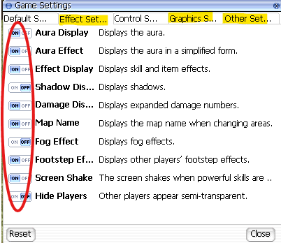 fenêtre Game Settings, onglet Effect Settings