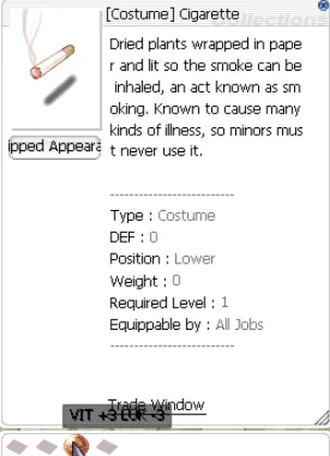 application de la gemme VIT +3 LUK -3 sur le costume Cigarette