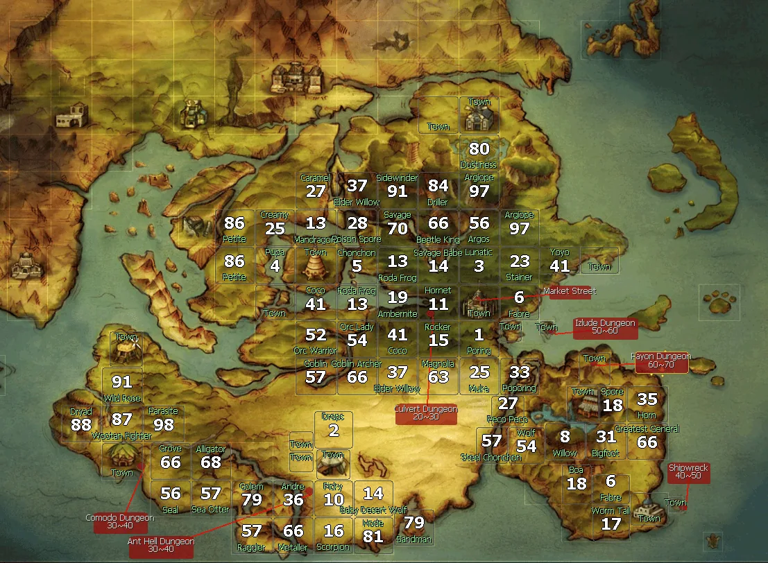 carte du monde avec zones et niveaux de monstres